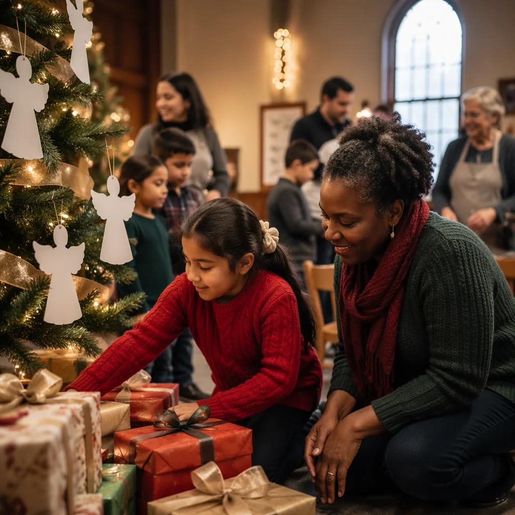 Children Gathering Around Christmas Angel Tree