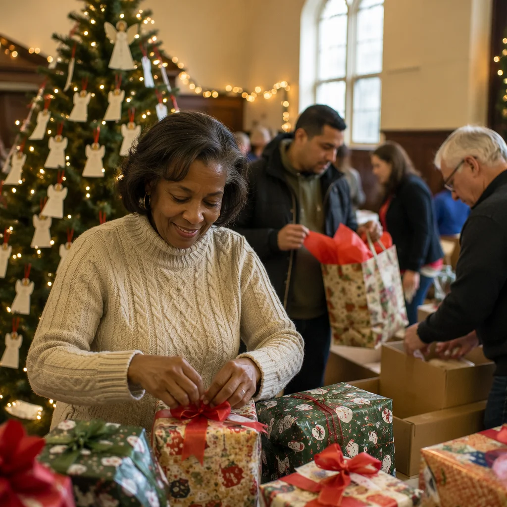 Christmas Angel Tree with Volunteers and Gifts