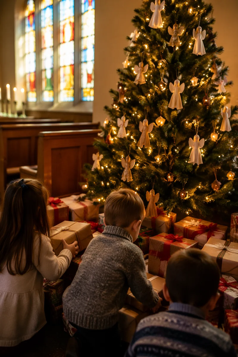 Children Placing Gifts by Christmas Angel Tree