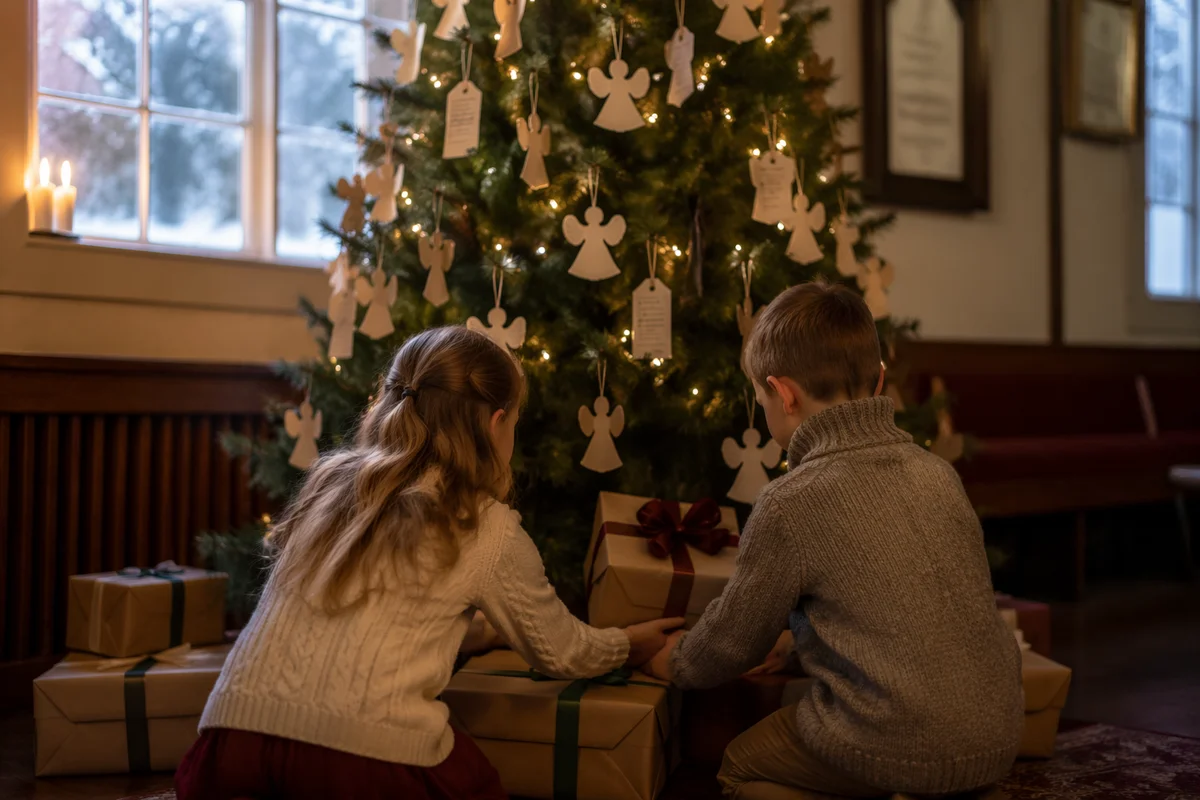 Children Placing Gifts Beneath Christmas Angel Tree