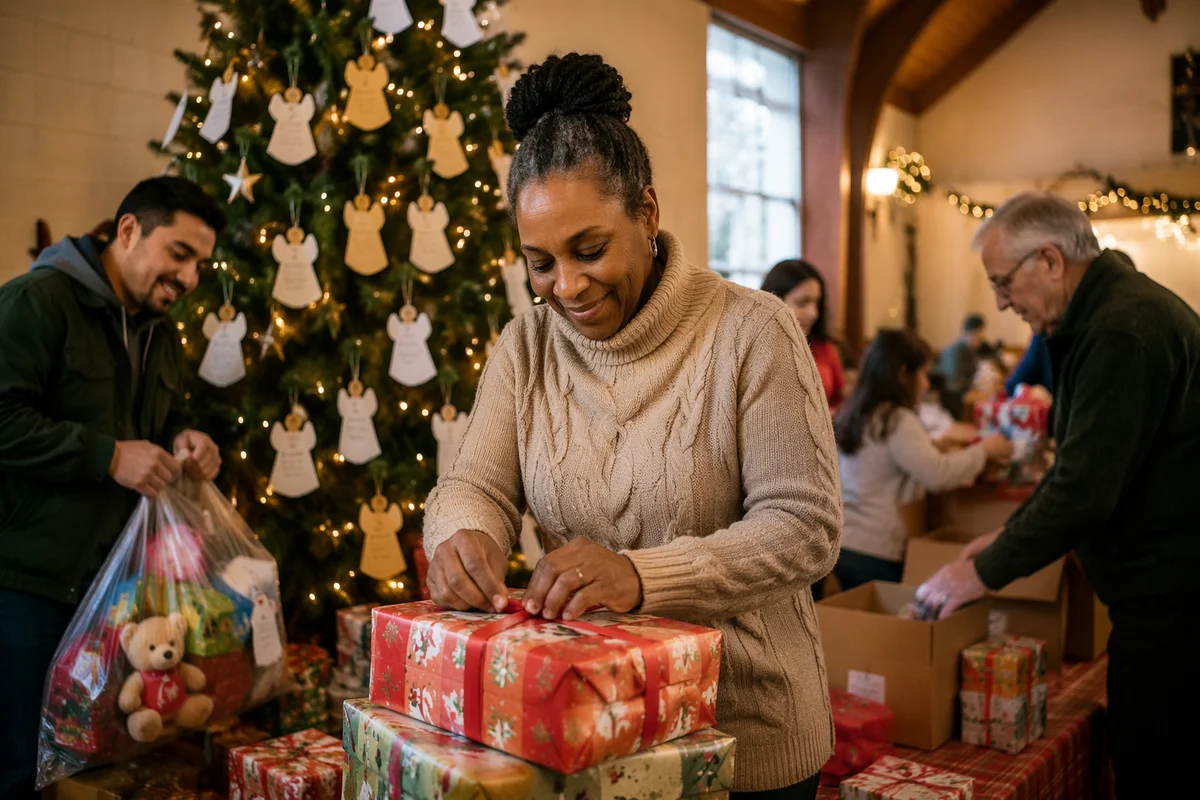 Volunteers Sorting Gifts by Christmas Tree