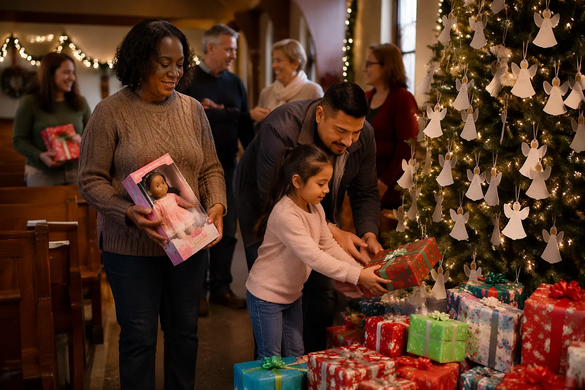 Christmas Angel Tree with Gifts in Hall