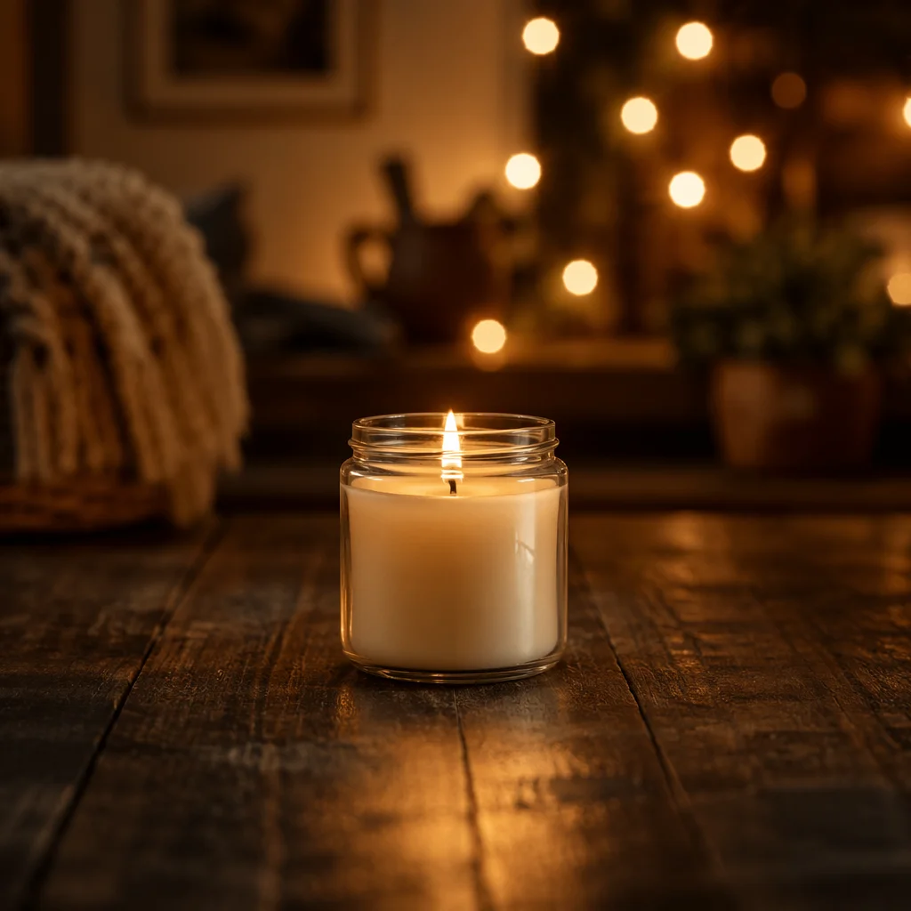 Warm Christmas Candle with Golden Bokeh