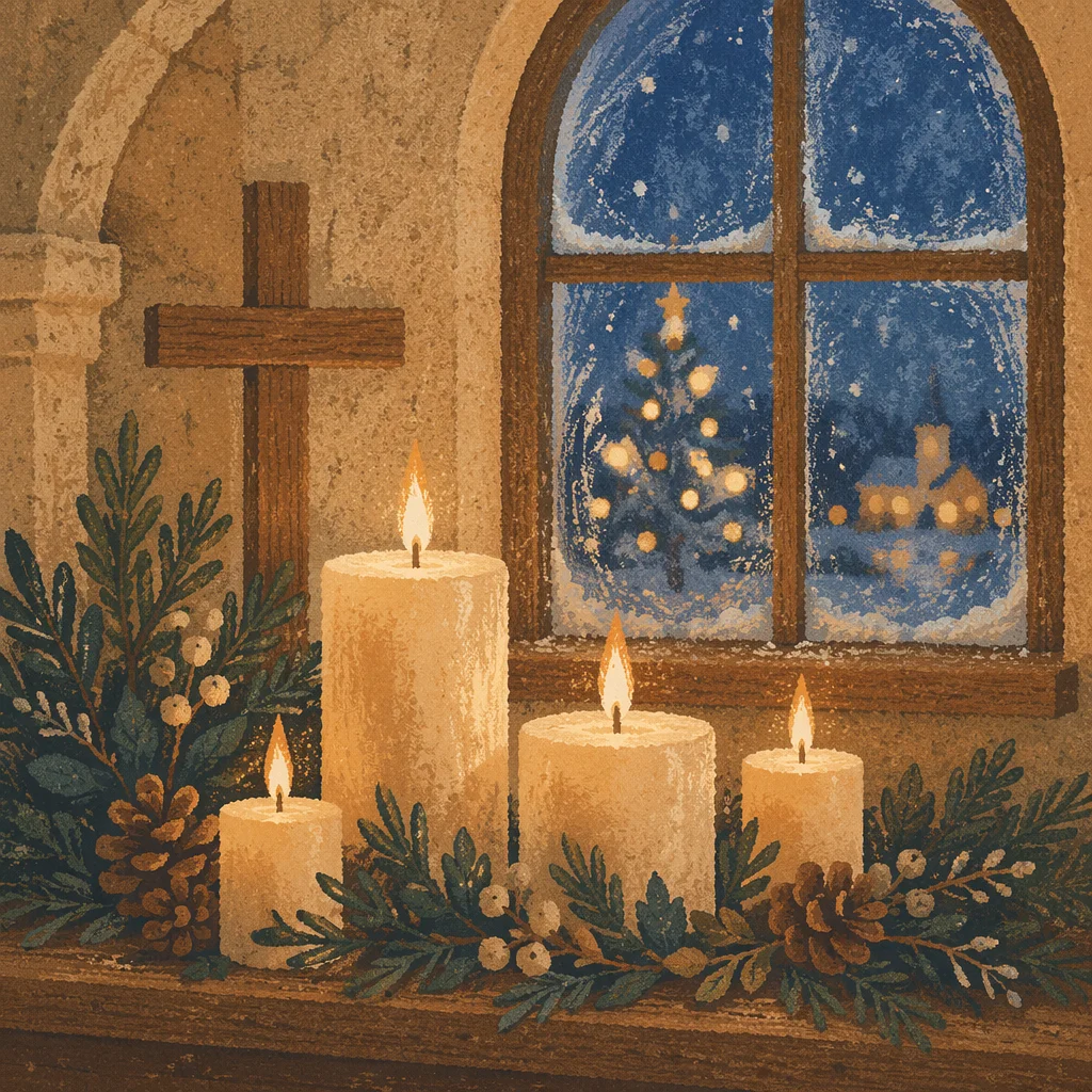 Warm Christmas Candles in Chapel Window
