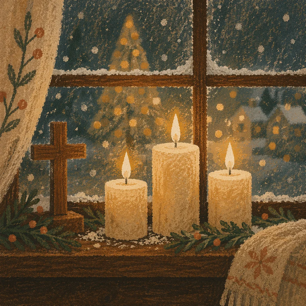 Warm Advent Candles by Frosted Window