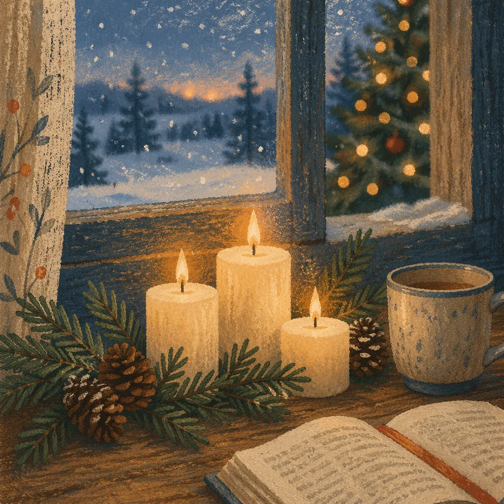 Warm Christmas Candles on Winter Windowsill