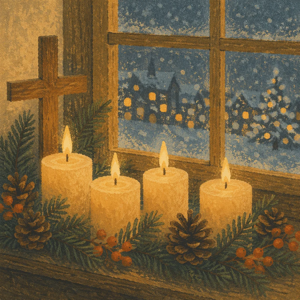 Warm Christmas Candles in Wooden Chapel