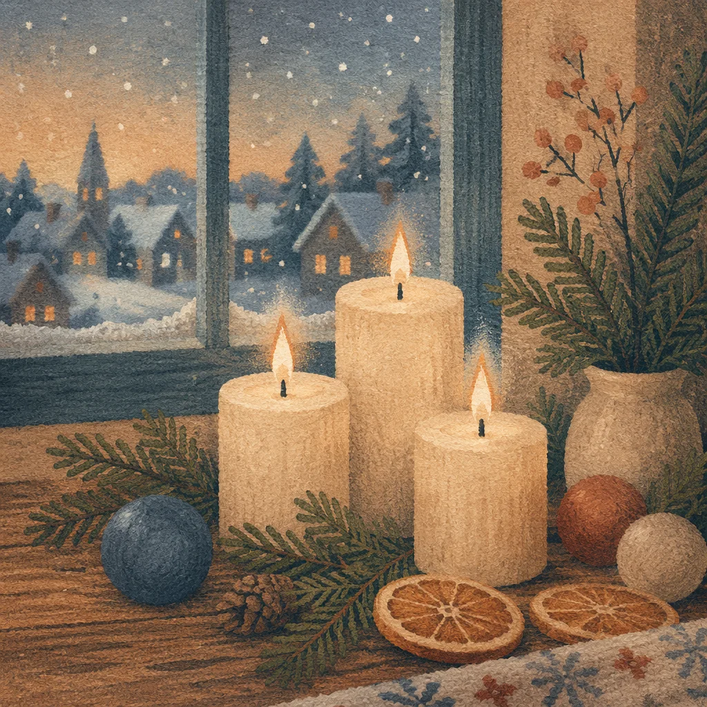 Warm Christmas Candles by Frosted Window