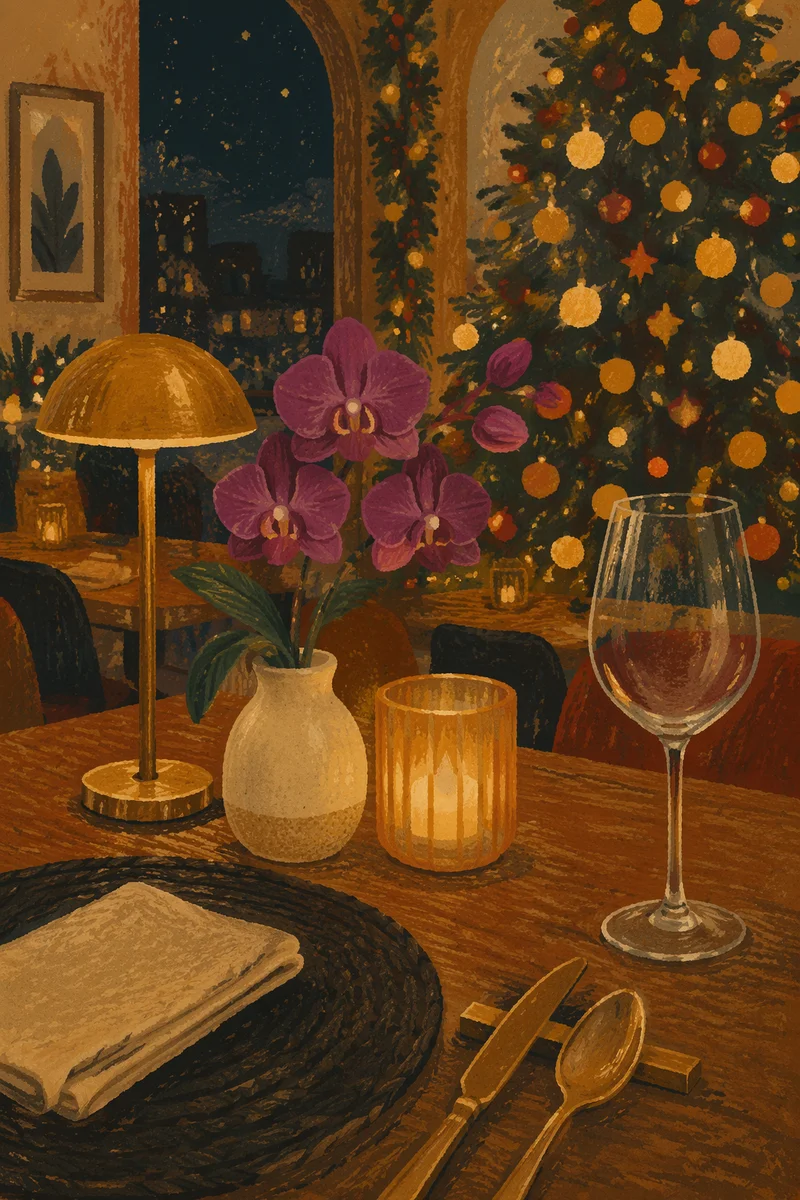 Warm Christmas Candle Table with Golden Bokeh