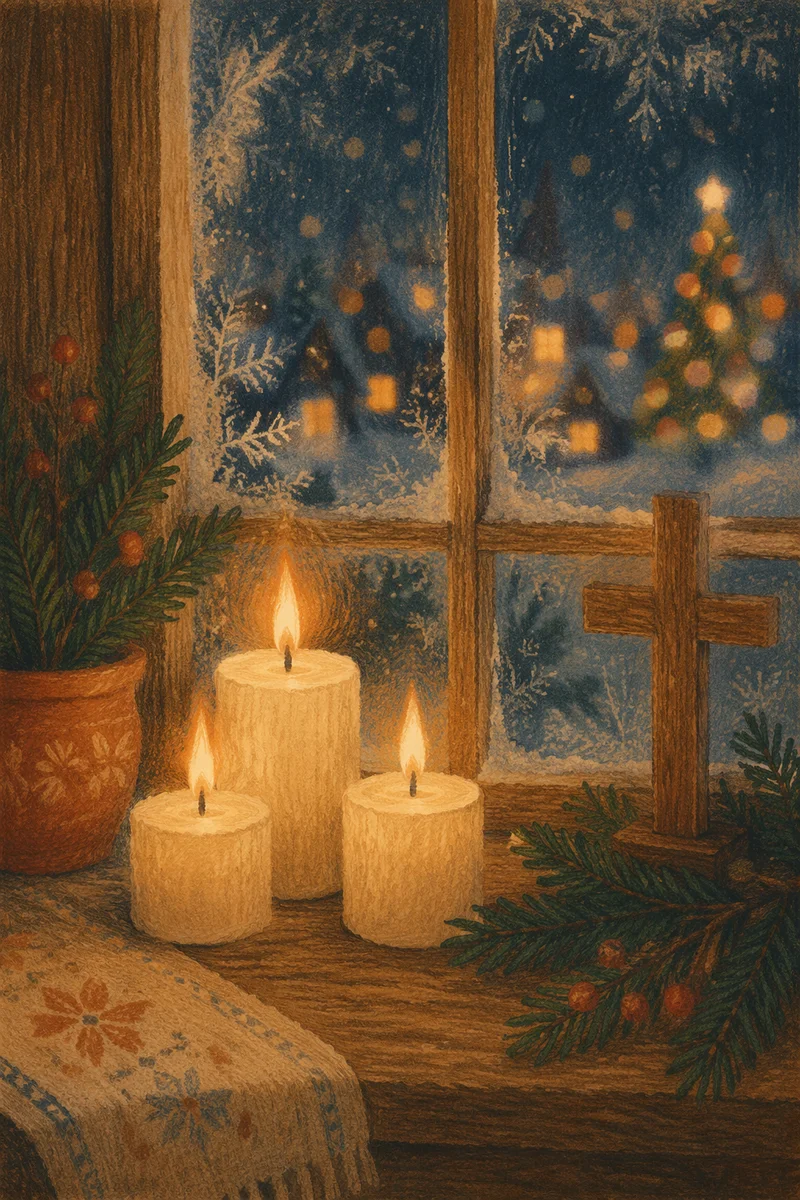 Warm Christmas Candles by Frosted Window