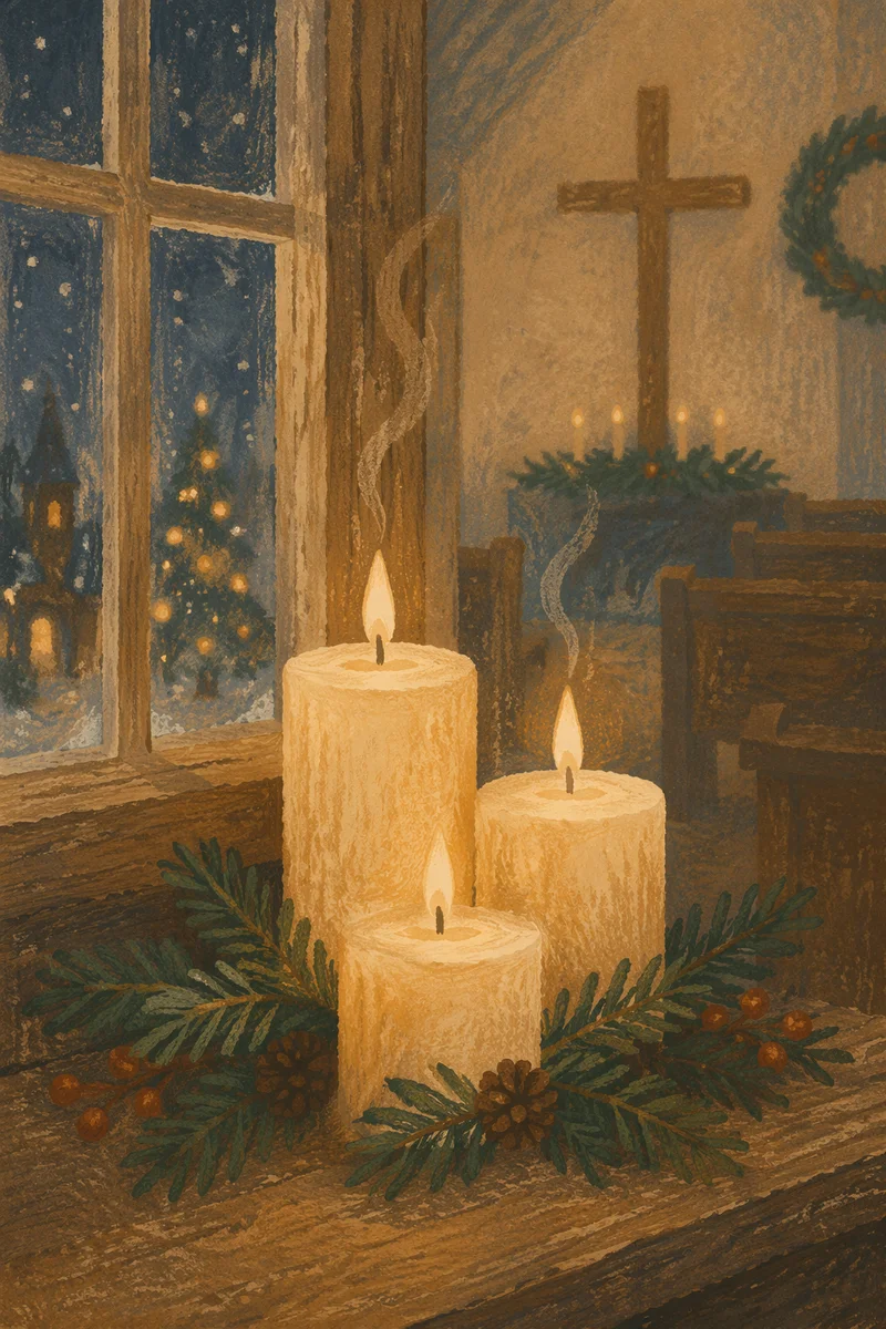 Warm Christmas Candles in Chapel Window