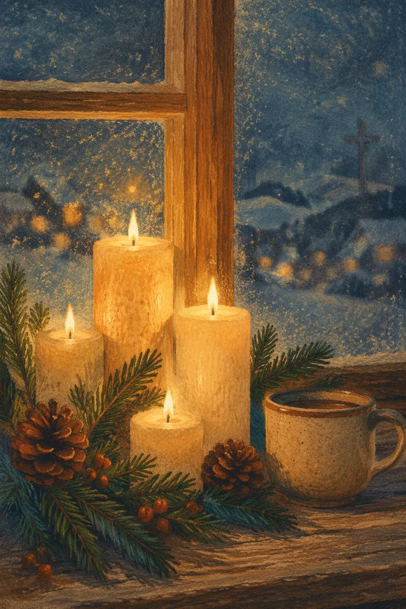 Warm Christmas Candles in Wooden Chapel