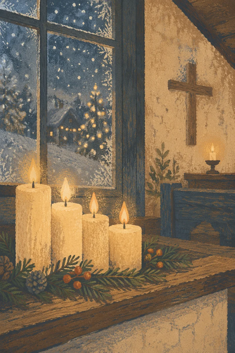 Warm Christmas Candles in Countryside Chapel