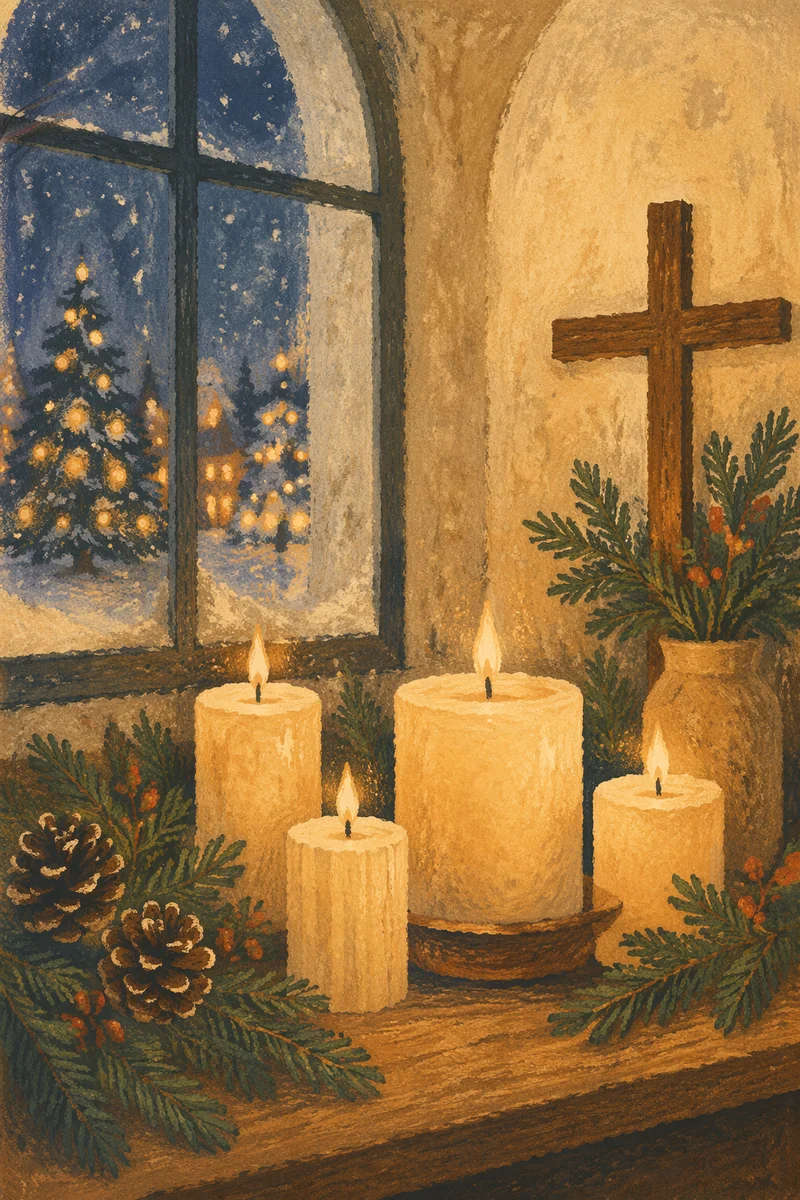 Warm Christmas Candles in Chapel Window