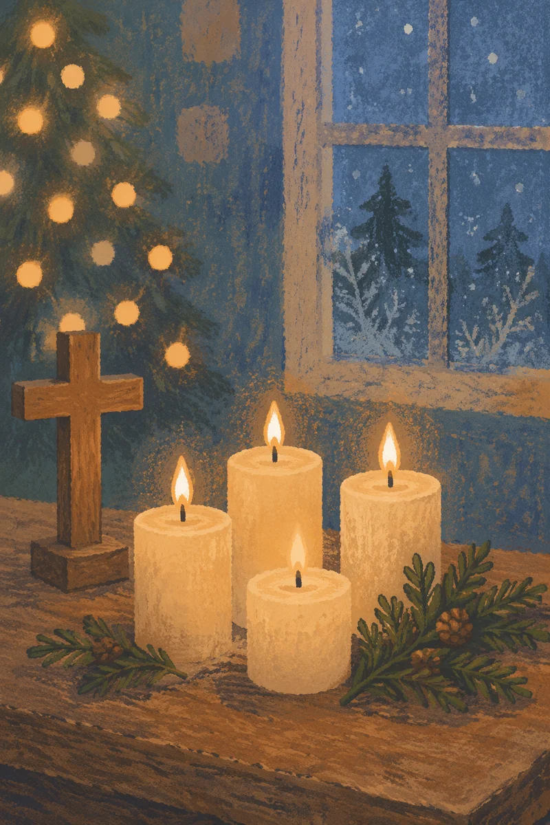 Warm Christmas Candles with Cross and Evergreen