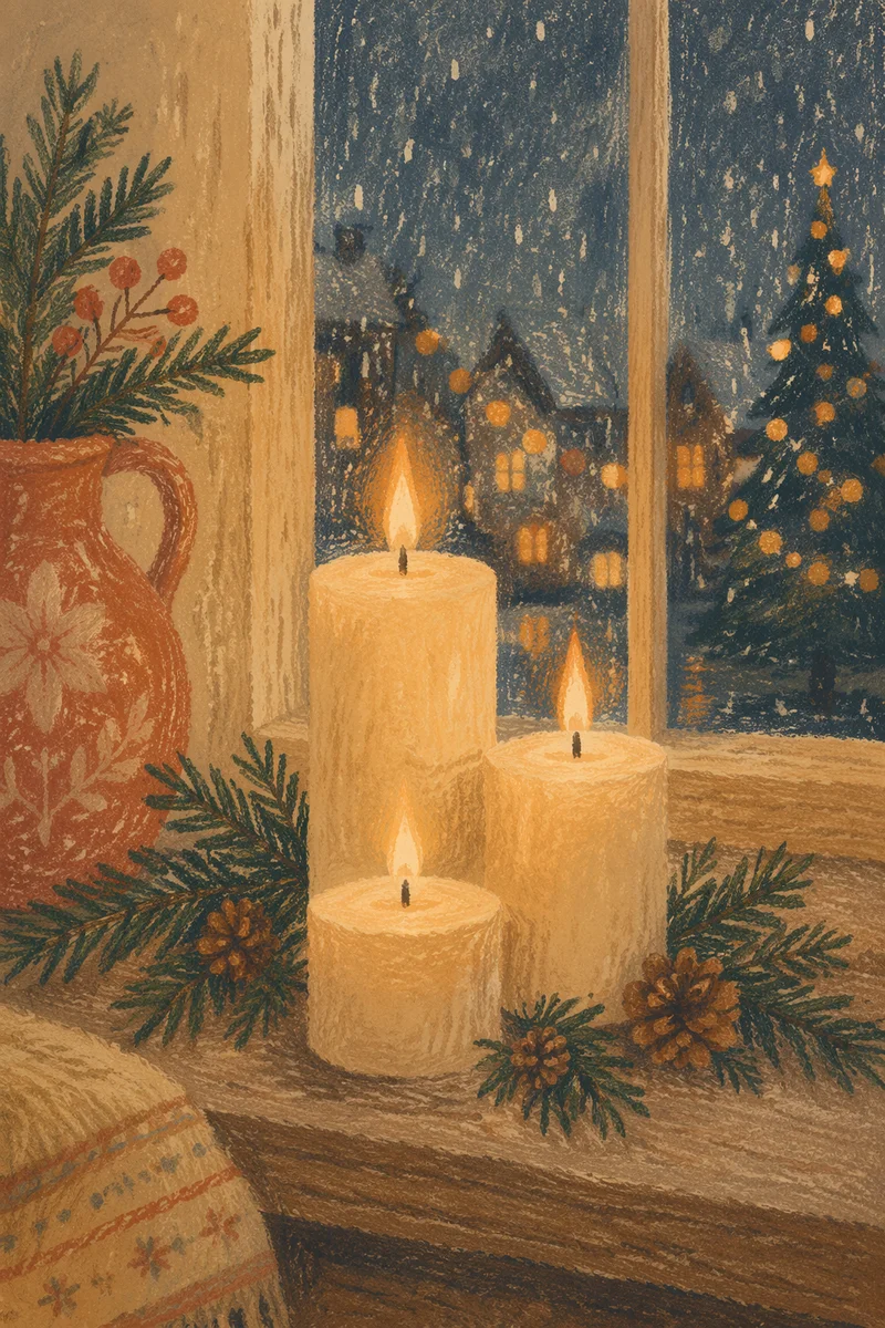 Warm Christmas Candles on Rustic Windowsill