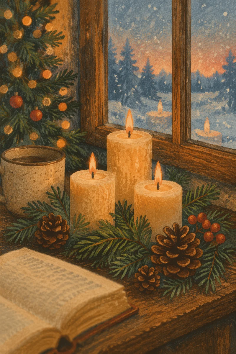 Warm Christmas Candles on Winter Windowsill