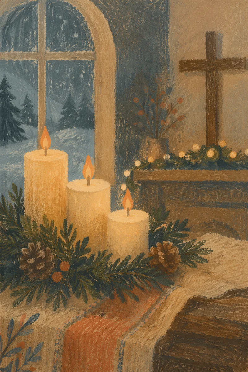 Warm Christmas Candles in Rustic Chapel