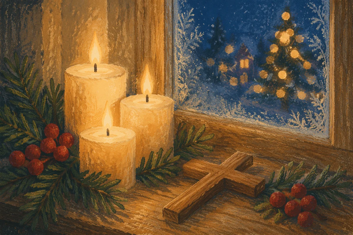 Warm Christmas Candles in Wooden Chapel
