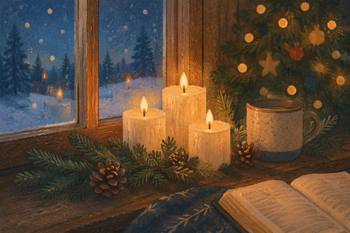 Warm Christmas Candles by Snowy Window
