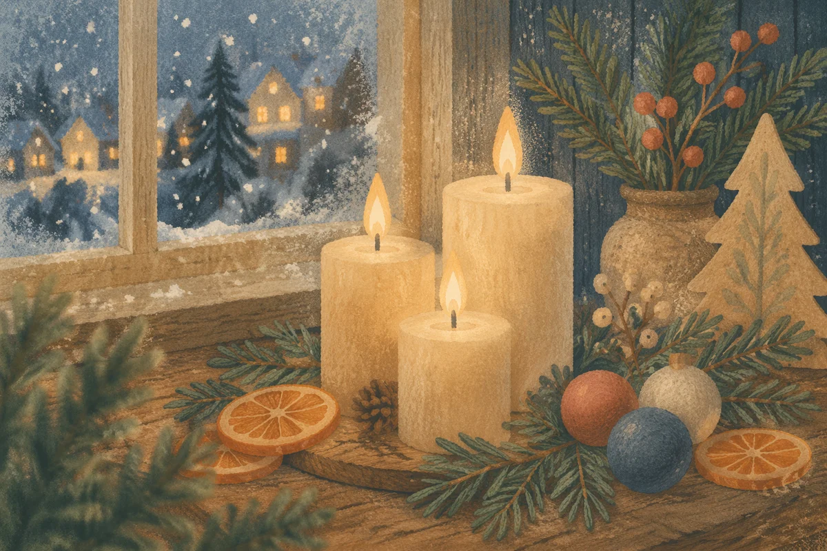 Warm Christmas Candles by Frosted Window