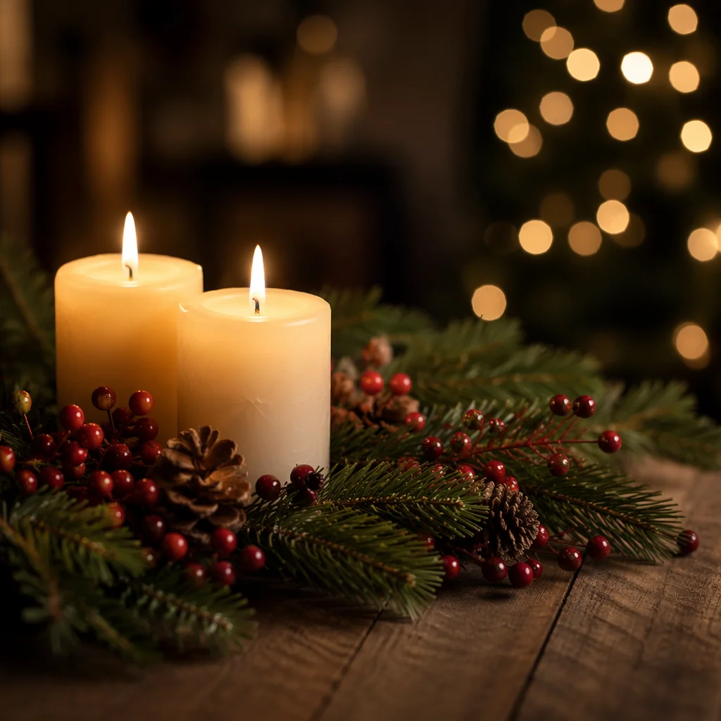 Warm Christmas Candles with Golden Bokeh