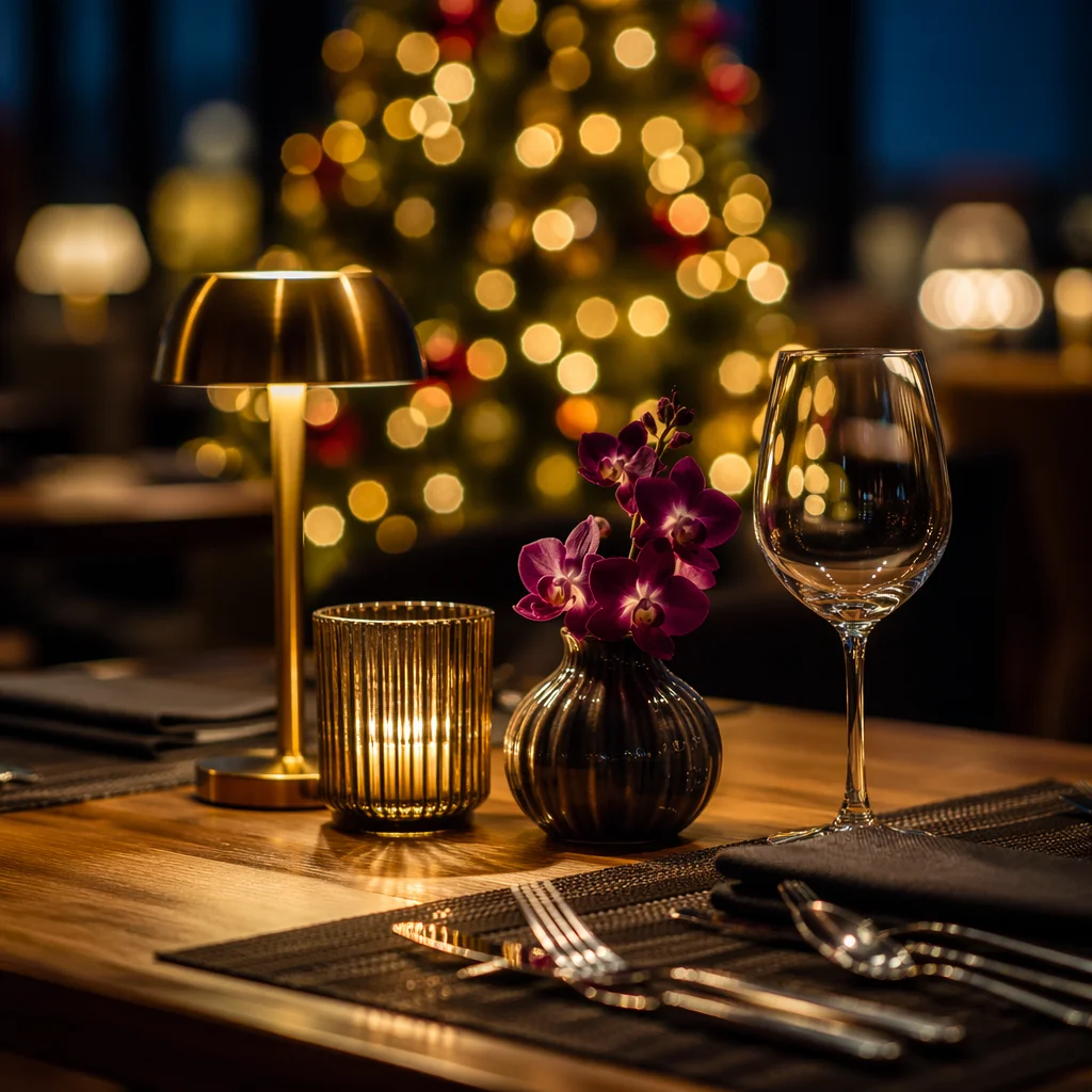Warm Christmas Candle Table with Golden Bokeh