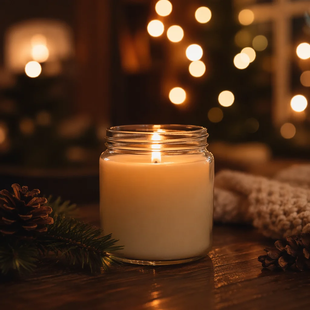 Warm Christmas Candle With Golden Bokeh