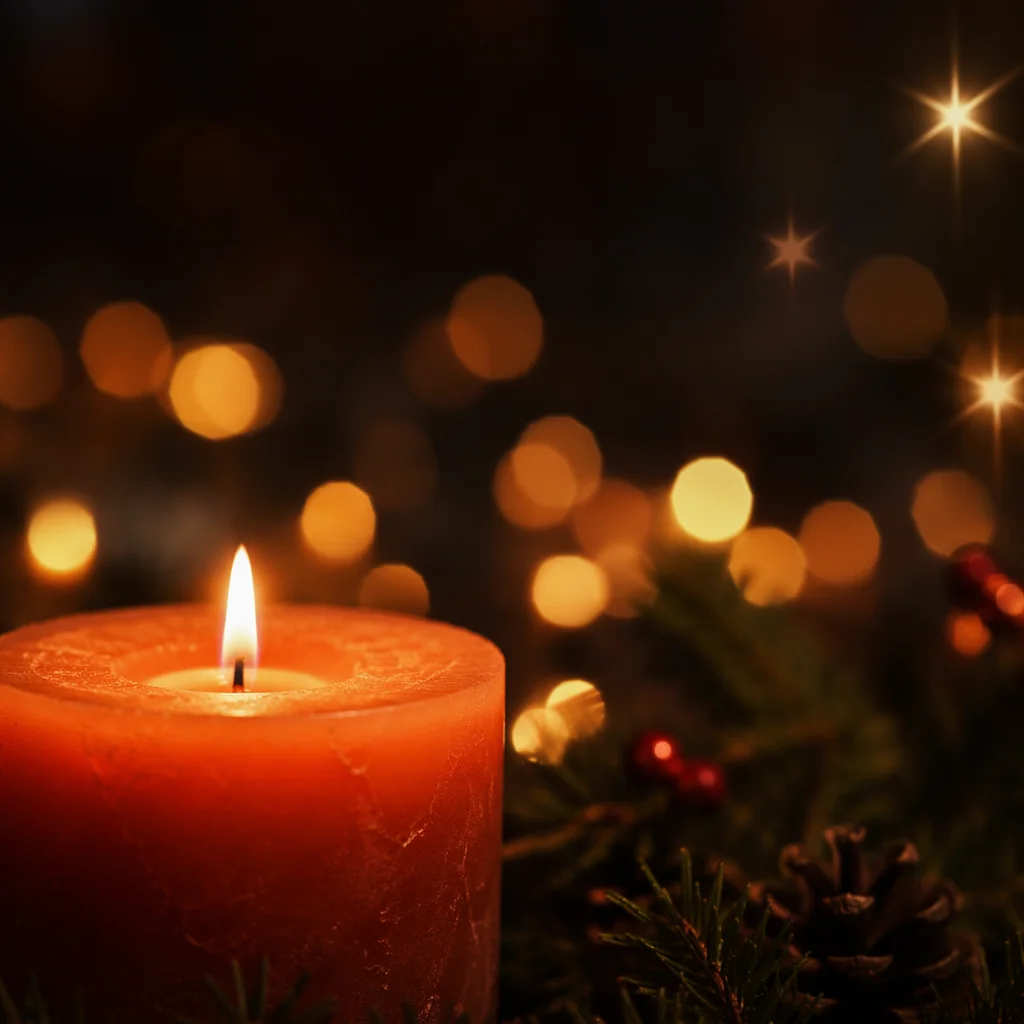 Warm Christmas Candle with Golden Bokeh
