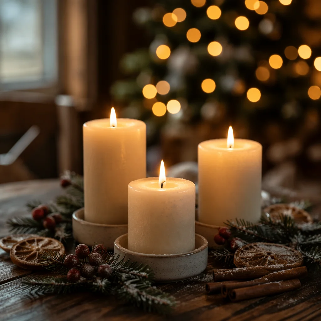 Warm Christmas Candle Bokeh Table Vignette