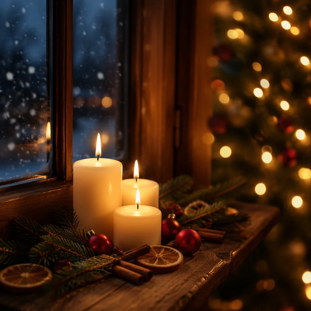 Warm Christmas Candles with Golden Bokeh