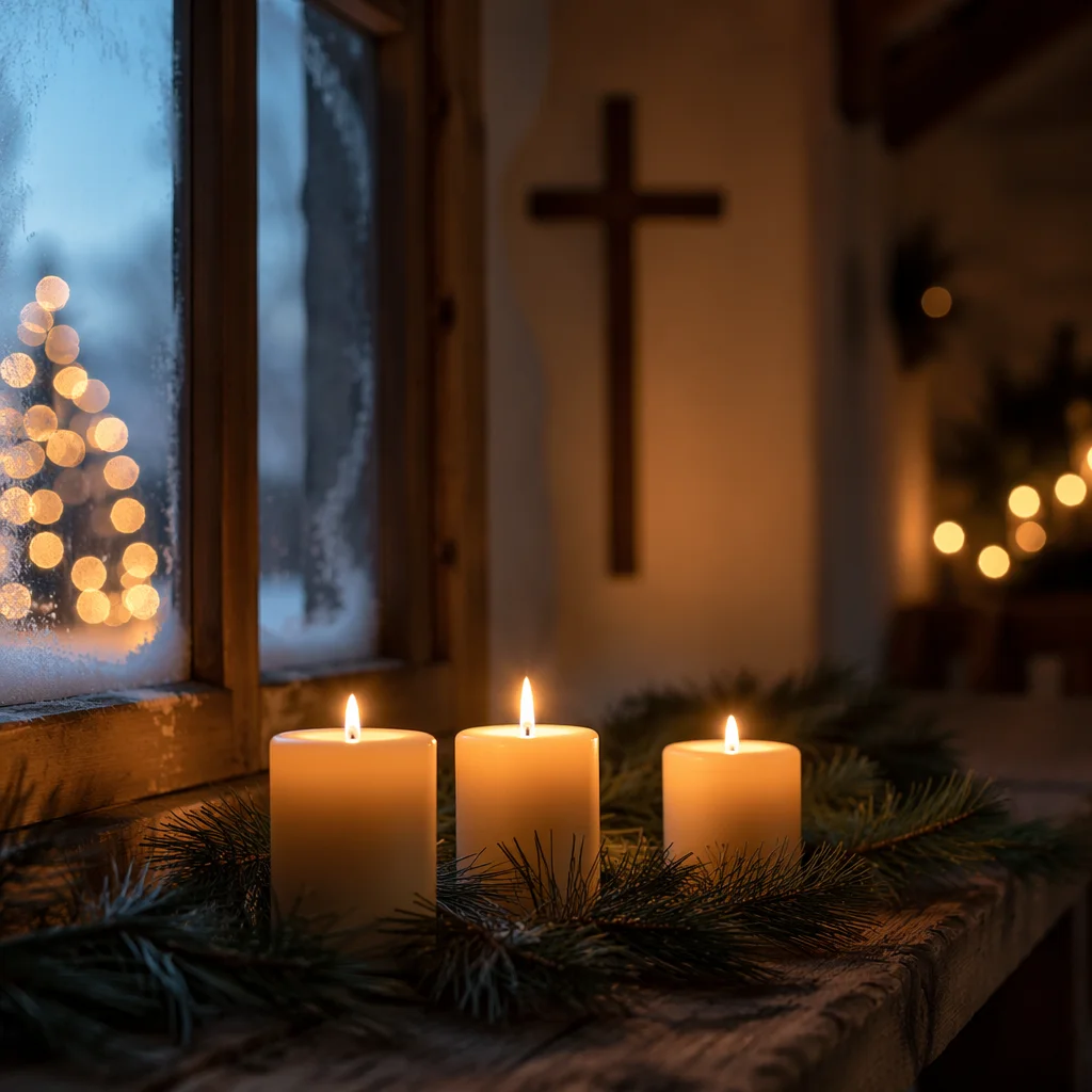 Warm Christmas Candles in Quiet Chapel