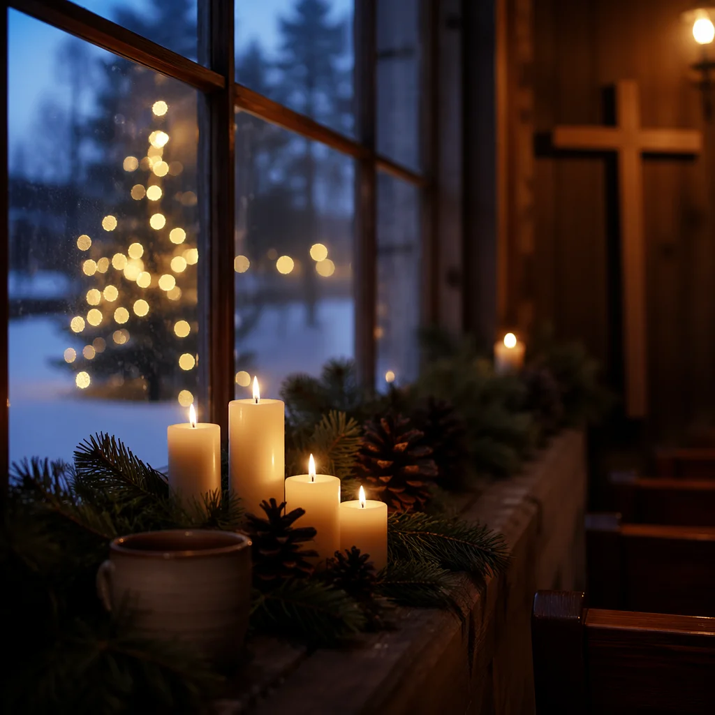 Warm Christmas Candles in Wooden Chapel