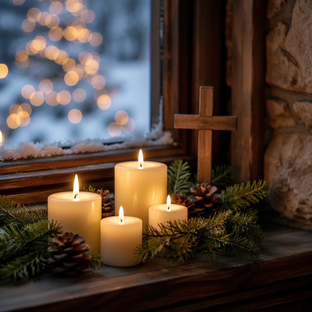 Warm Christmas Candles in Chapel Window