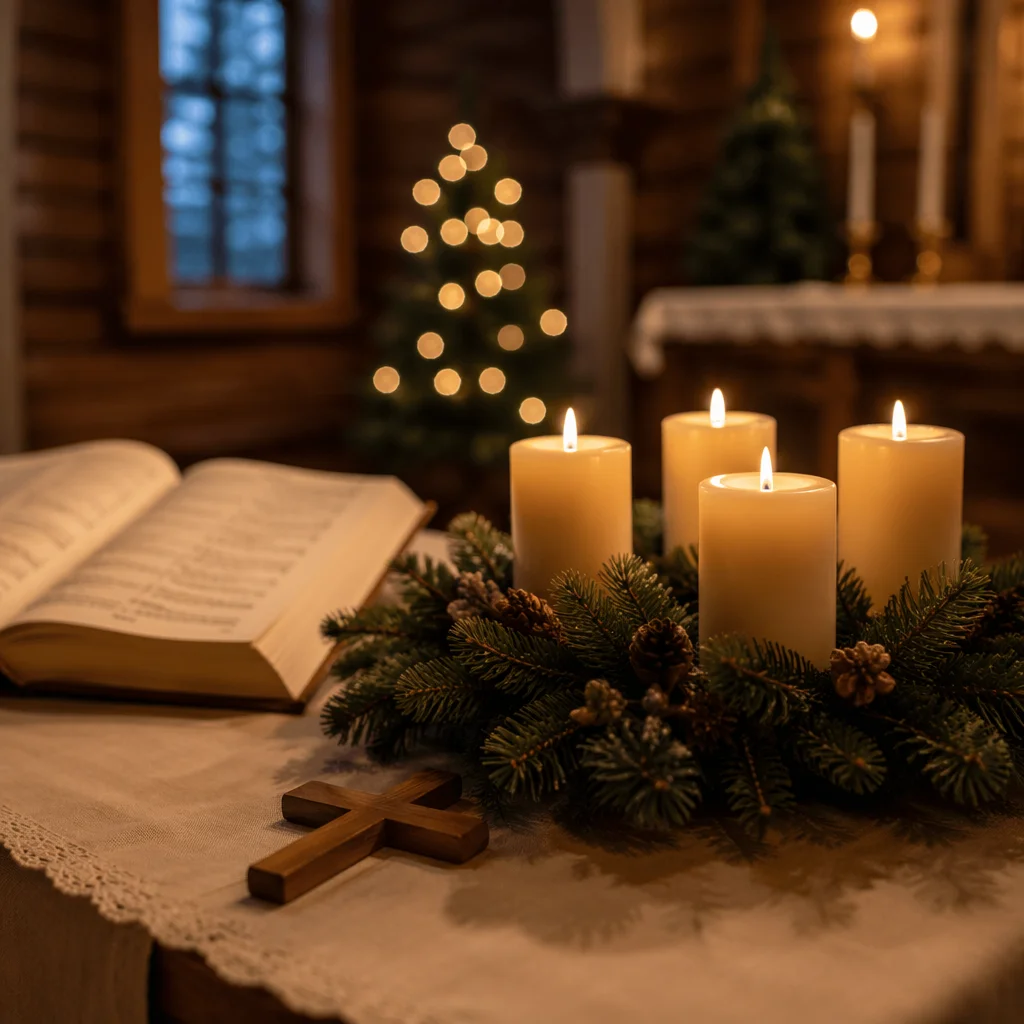 Warm Christmas Candles in Quiet Chapel