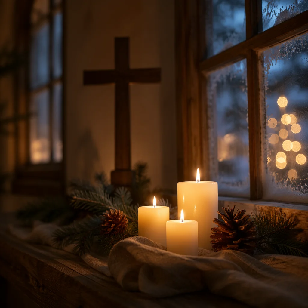 Warm Christmas Candles in Quiet Chapel
