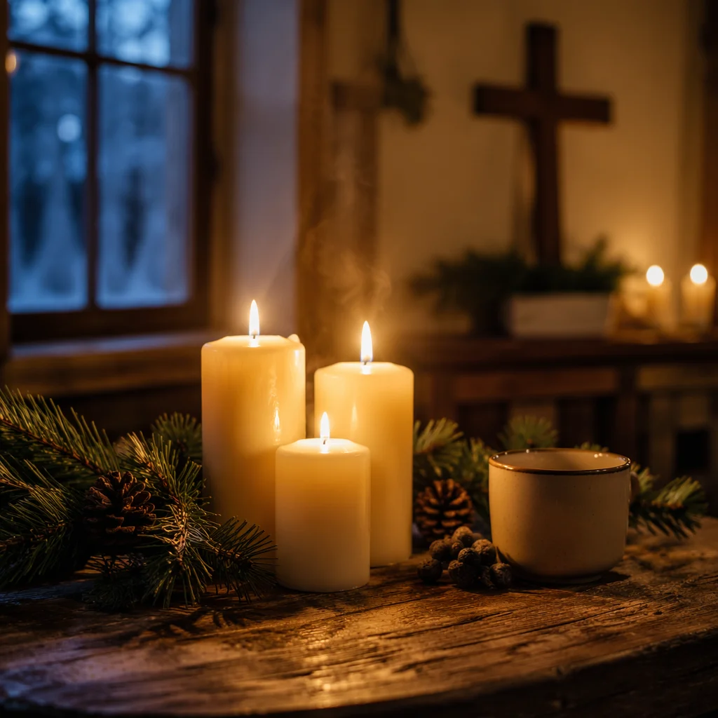 Warm Christmas Candles in Quiet Chapel