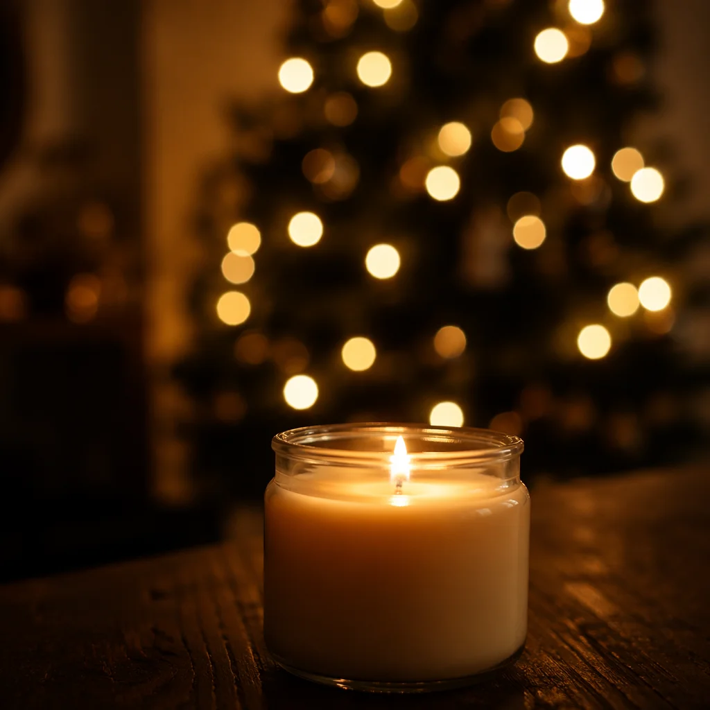 Warm Christmas Candle with Golden Bokeh