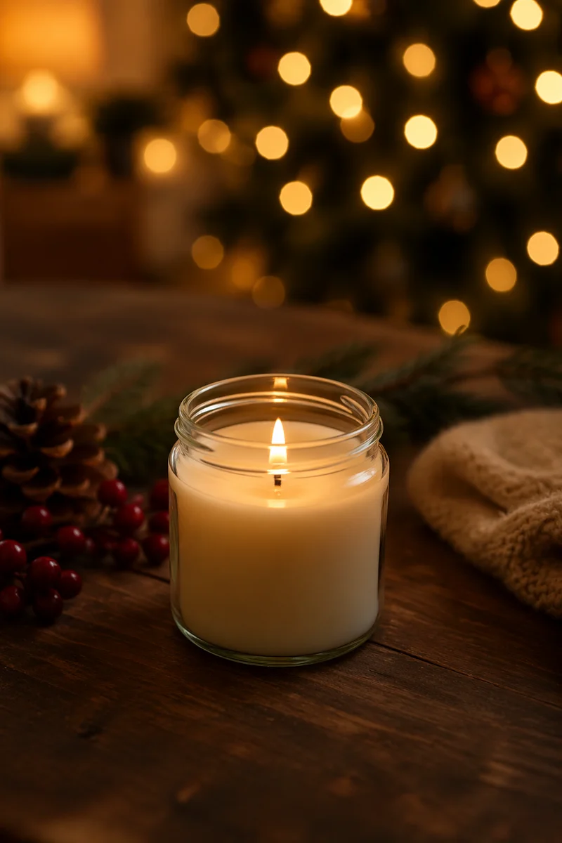 Warm Christmas Candle with Golden Bokeh