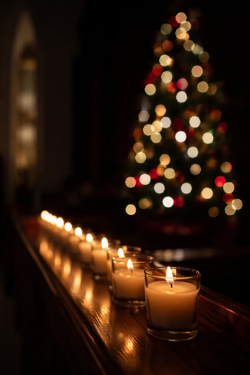 Warm Christmas Votive Candles in Bokeh Sanctuary