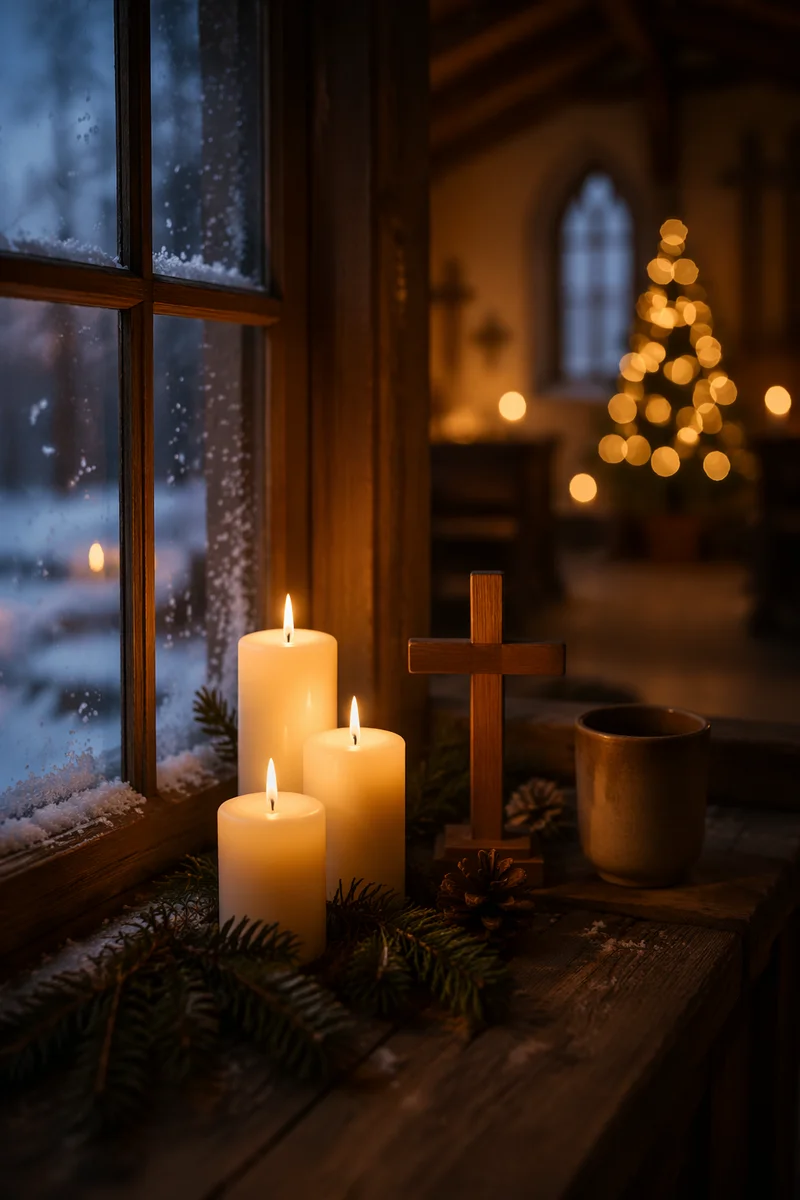 Warm Advent Candles by Frosted Chapel Window