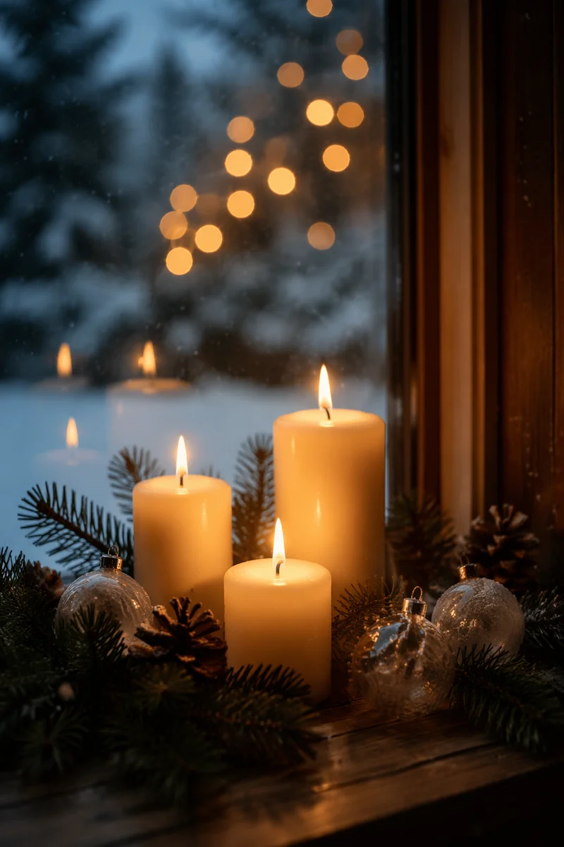 Warm Christmas Candles on Snowy Windowsill
