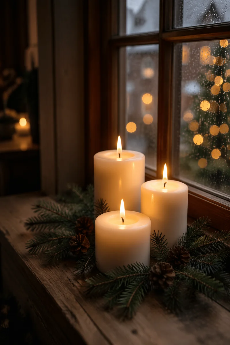 Warm Christmas Candles on Rustic Windowsill