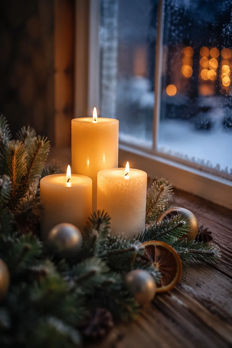 Warm Christmas Candles by Frosted Window