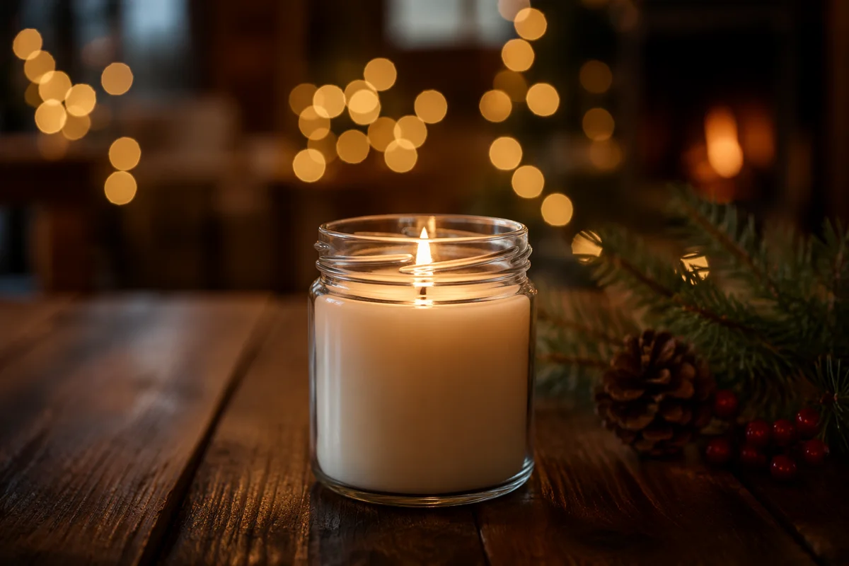 Warm Christmas Candle With Golden Bokeh