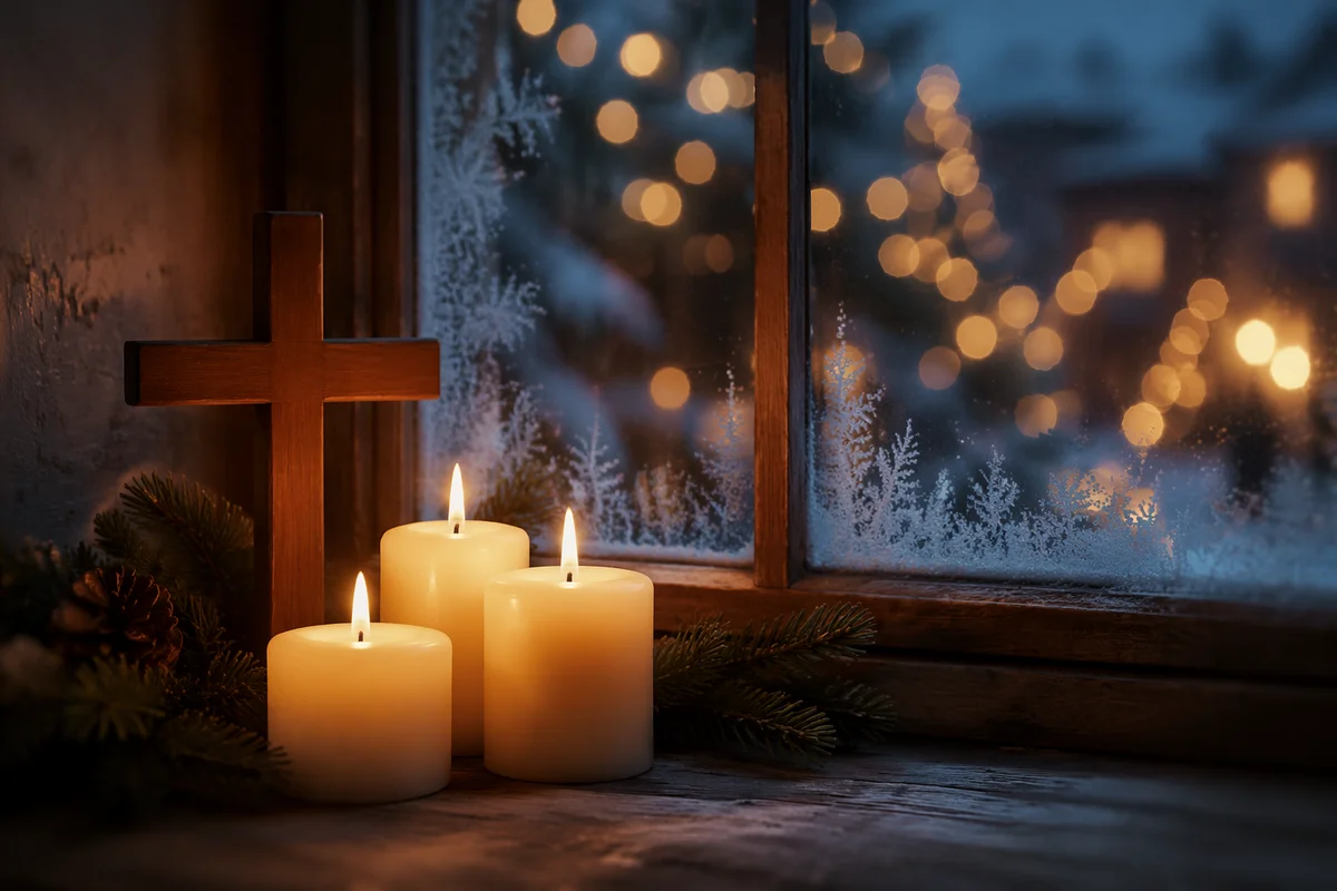 Christmas Candles with Cross and Golden Bokeh