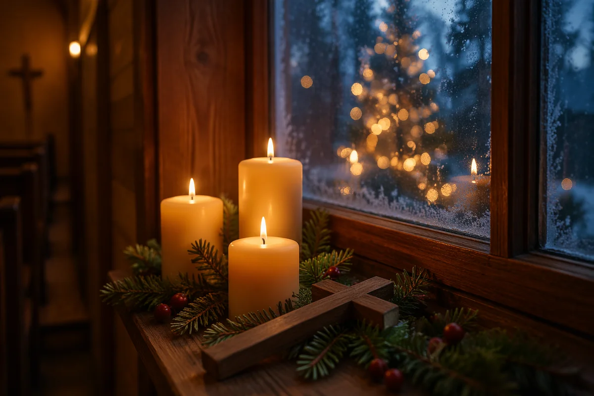 Warm Christmas Candles in Wooden Chapel