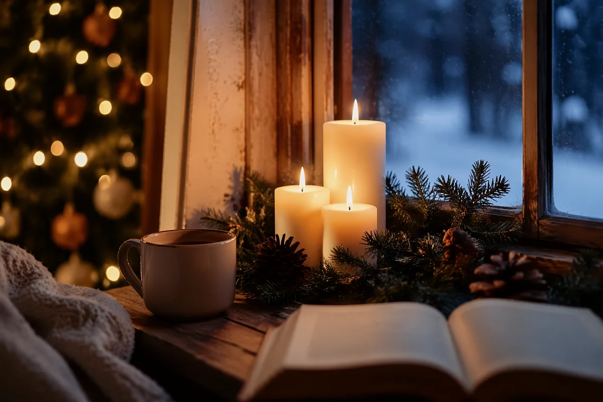 Warm Christmas Candles by Snowy Window