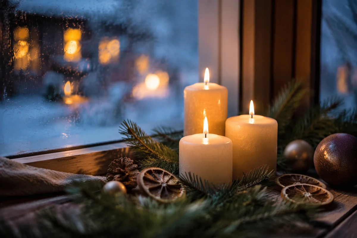 Warm Christmas Candles by Frosted Window