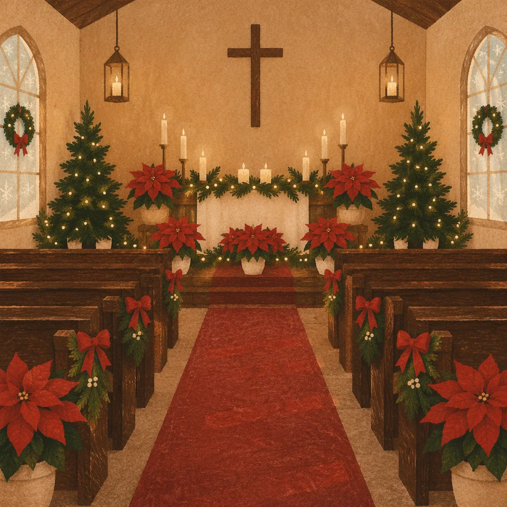 Christmas Church Sanctuary with Red Poinsettias